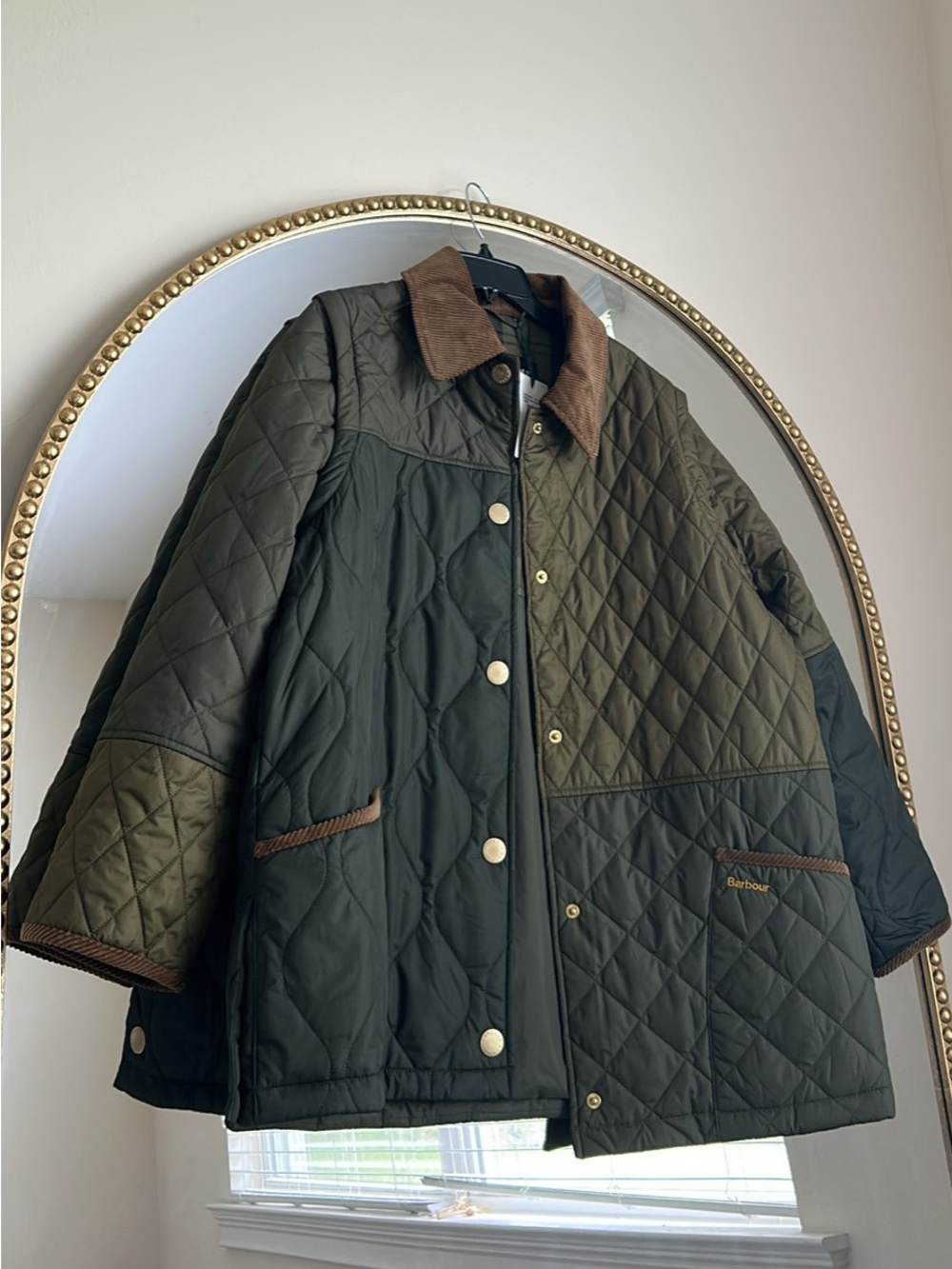 Barbour Olive & Dark Green Quilted Utility Jacket with Brown Cord Collar
